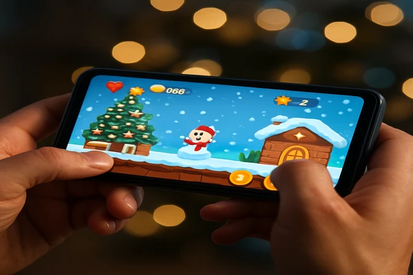 একজন ব্যবহারকারী স্মার্টফোনে আরামদায়কভাবে অনলাইন গেমিং উপভোগ করছেন