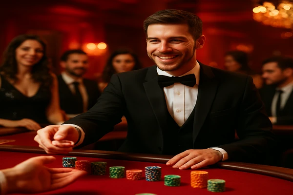 আলোকোজ্জ্বল গেমিং পরিবেশে একজন আত্মবিশ্বাসী ডিলার ব্যবহারকারীদের 333db অ্যাকাউন্টে নিরাপদ প্রবেশের আহবান জানাচ্ছেন